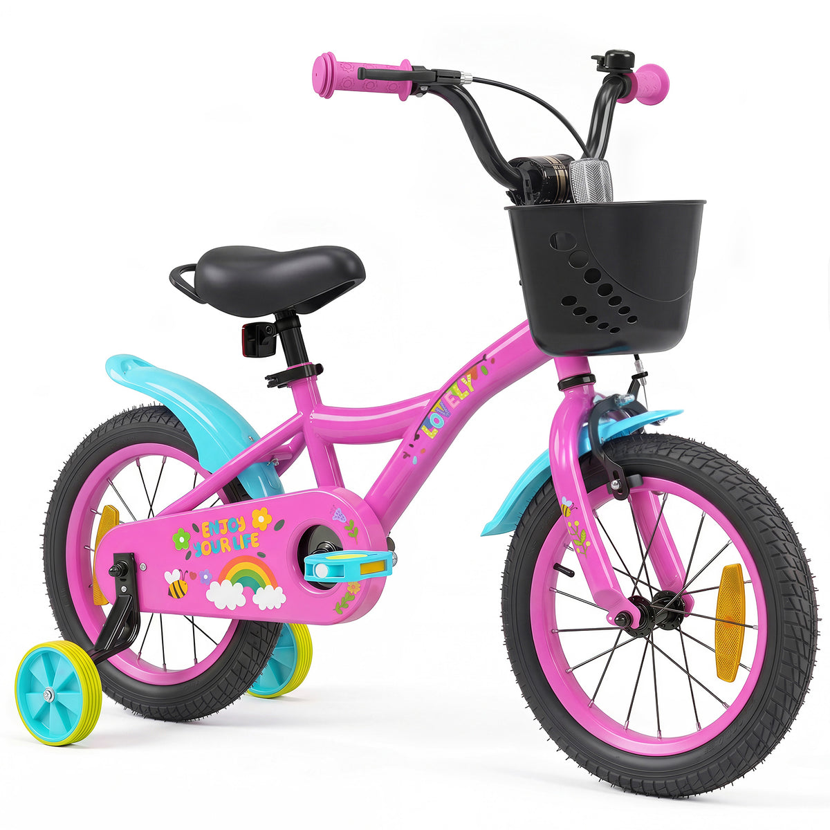Kids Bike, 14-Inch Children Bicycle with Adjustable Handlebar & Saddle, Removable Basket, Bell, Handbrake, Rear Coaster Brake, Safe Reflectors, Toddler Bike for 3-5 Years Old