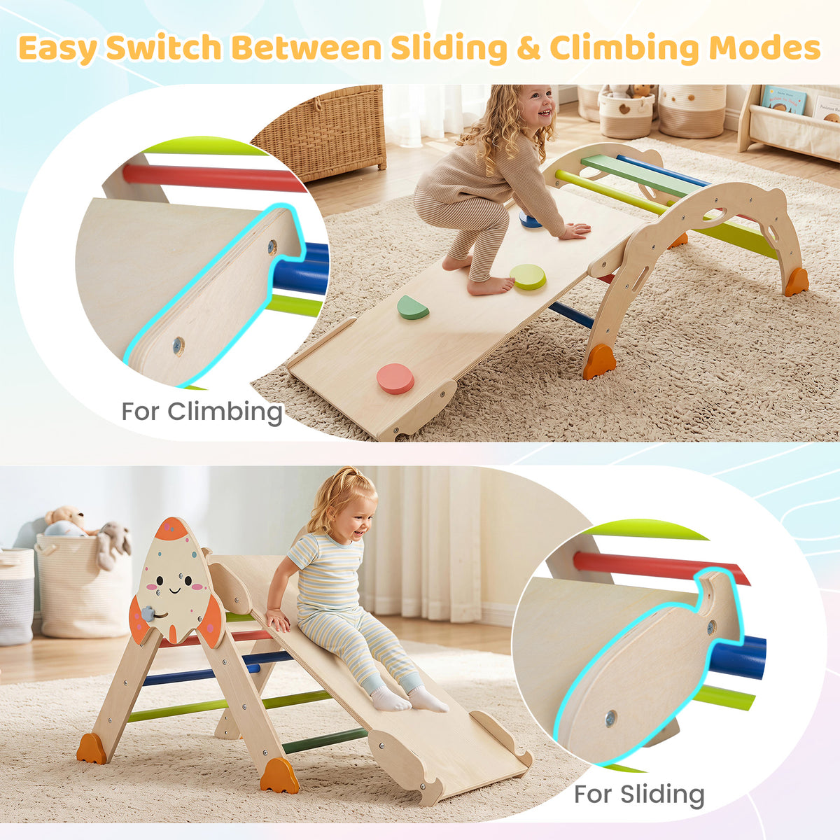 8-in-1 Climbing Toys for Toddlers, Rocket-Themed Montessori Arch Climber