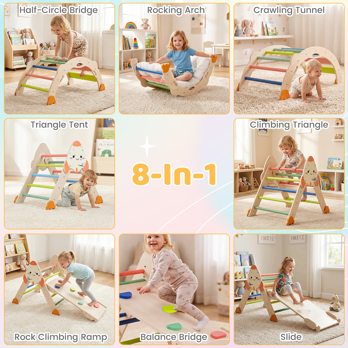 8-in-1 Climbing Toys for Toddlers, Rocket-Themed Montessori Arch Climber