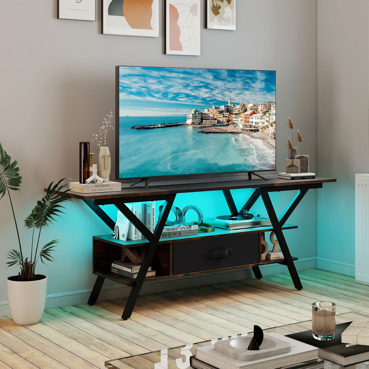 TV Stand with Power Outlets for 65 inch TVs 3-Tier Entertainment Center with LED Lights and Remote