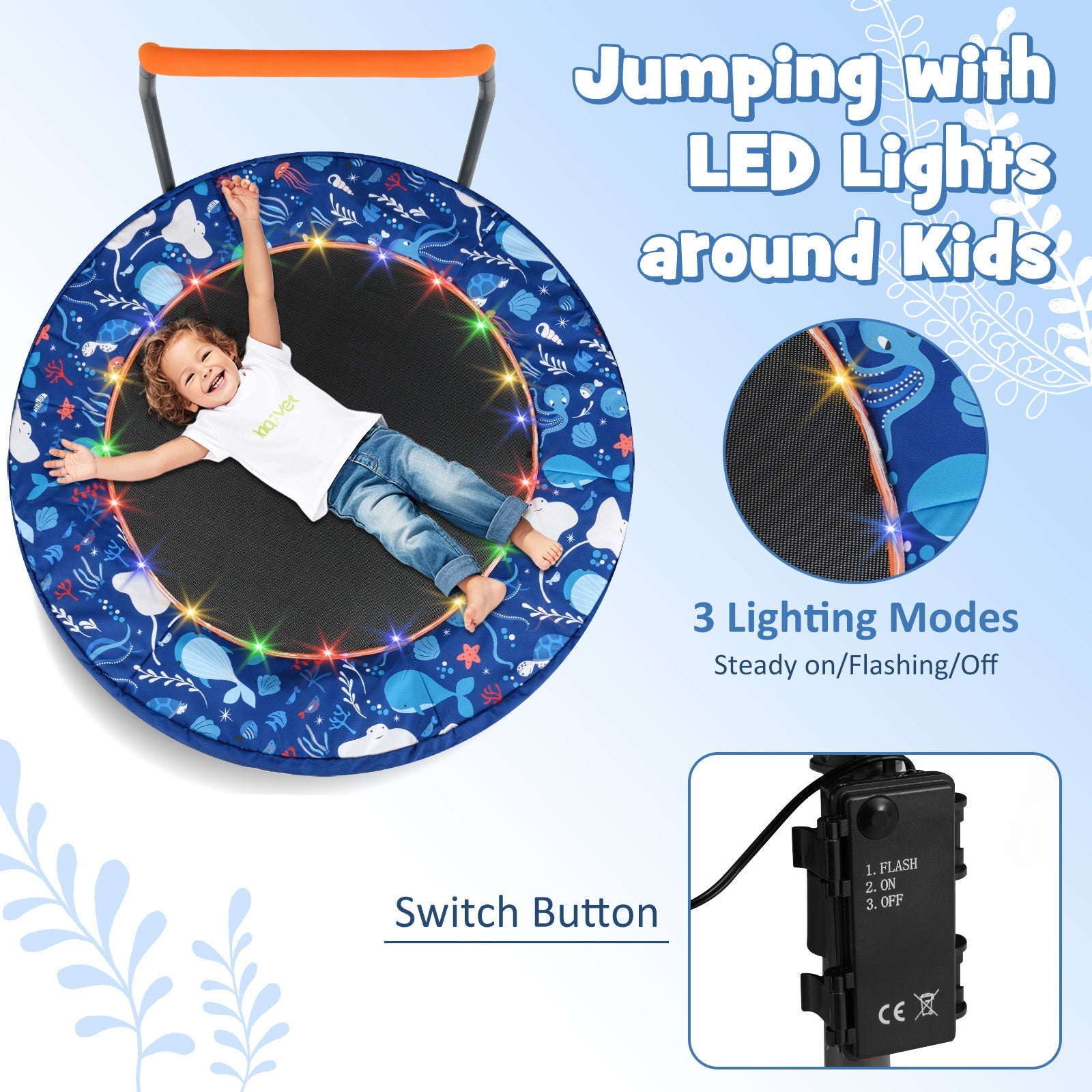 36" Mini Trampoline with 20 LED Lights, Foldable Trampoline for Kids