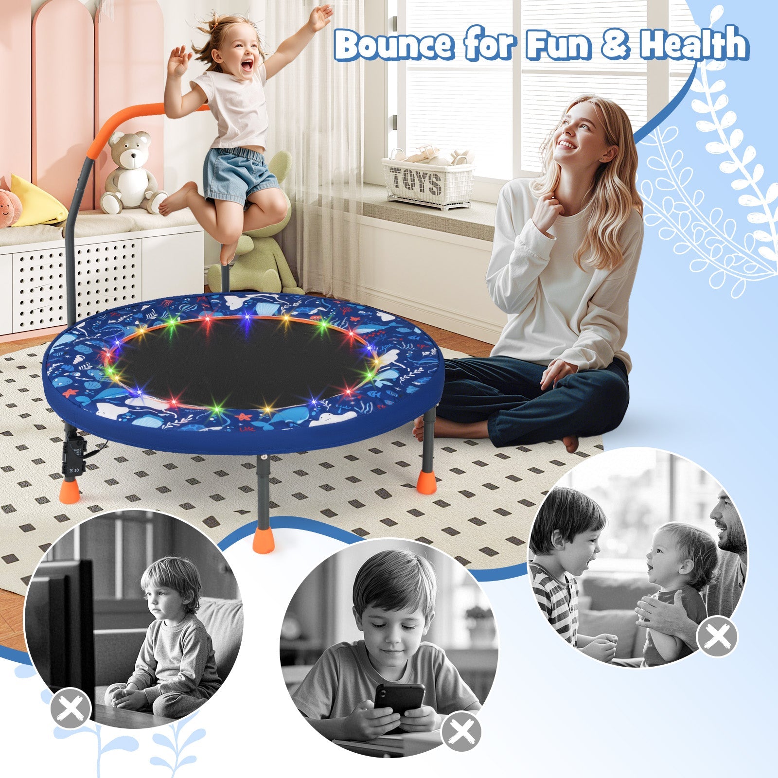 36" Mini Trampoline with 20 LED Lights, Foldable Trampoline for Kids