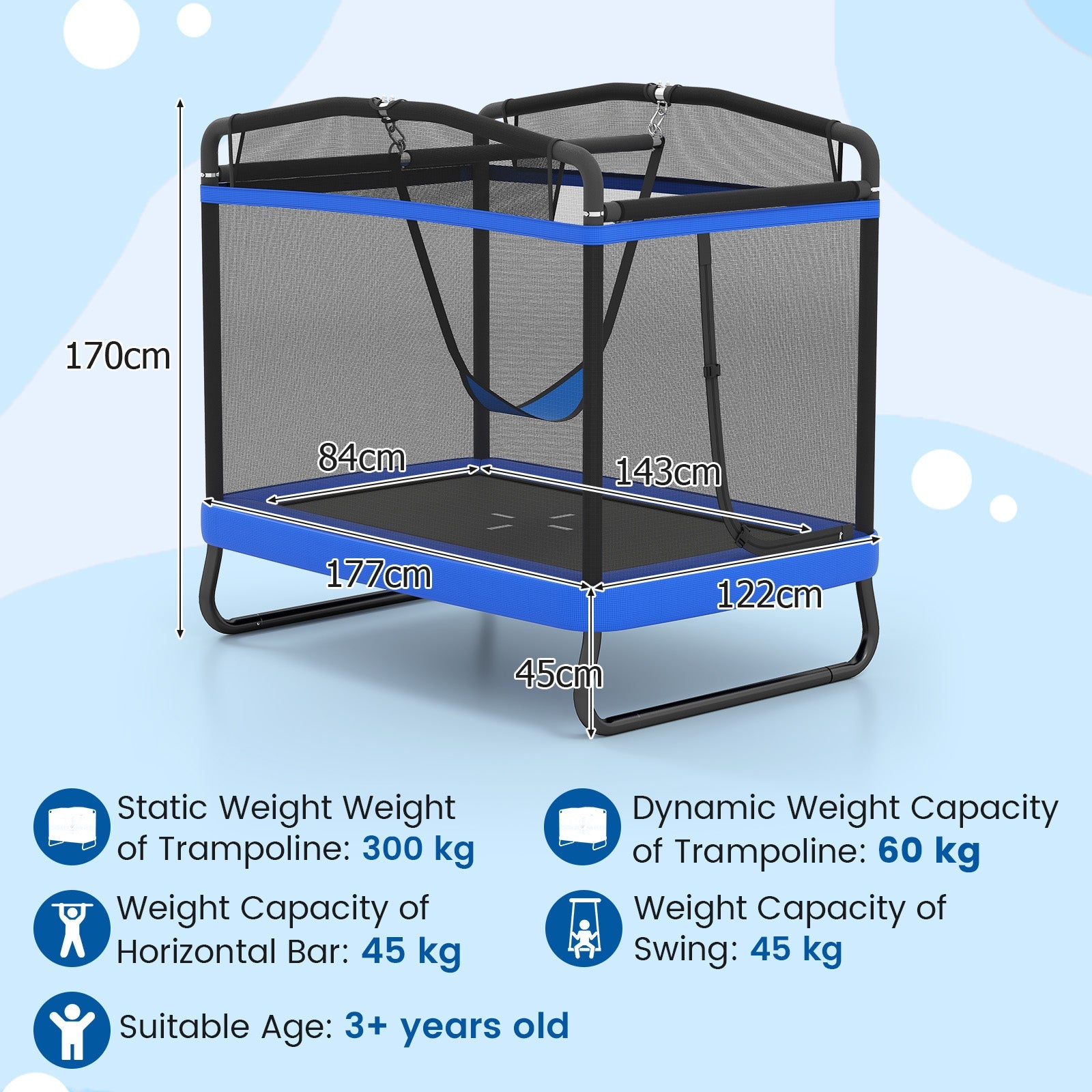 6 FT Kids Trampoline with Swing and Horizontal Bar, Small Rectangle Trampoline