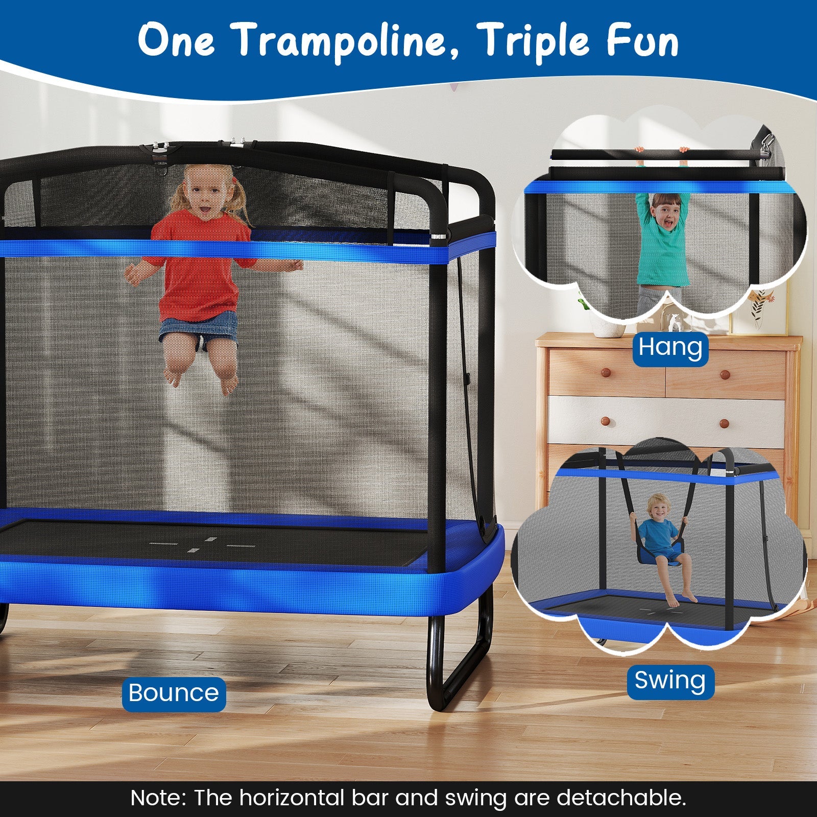 6 FT Kids Trampoline with Swing and Horizontal Bar, Small Rectangle Trampoline