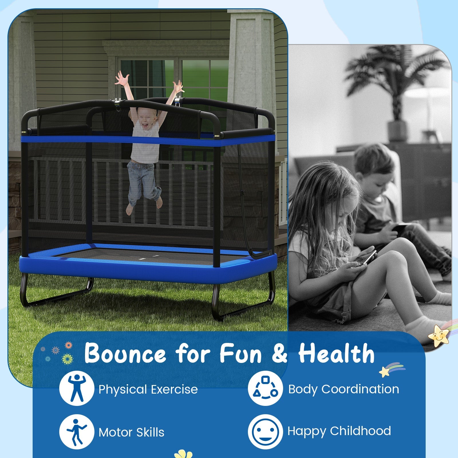 6 FT Kids Trampoline with Swing and Horizontal Bar, Small Rectangle Trampoline
