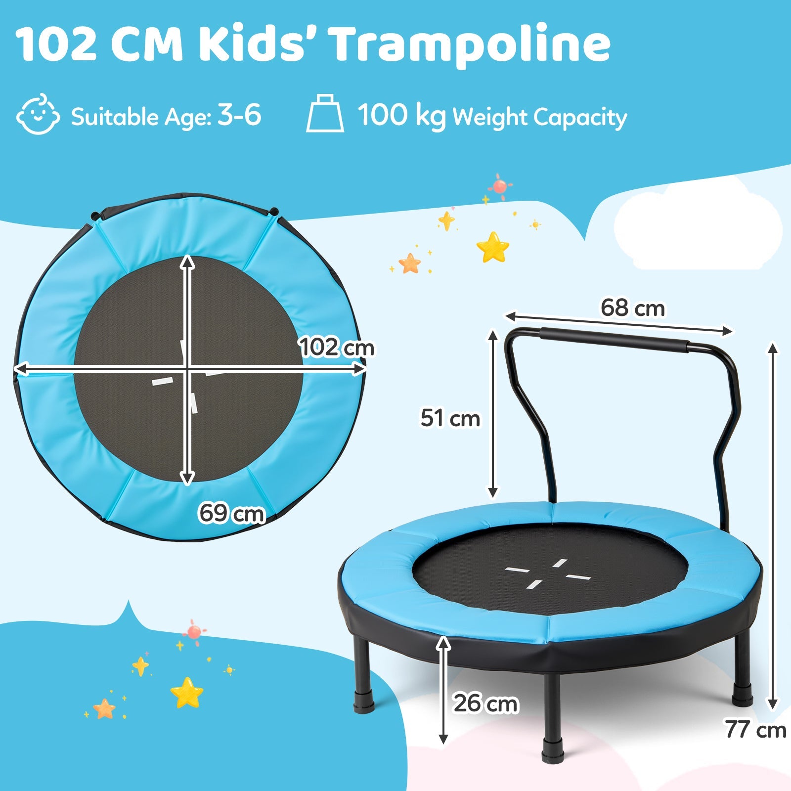 40” Trampoline for Kids, Indoor/Outdoor Fitness Trampoline with Foam Handlebar