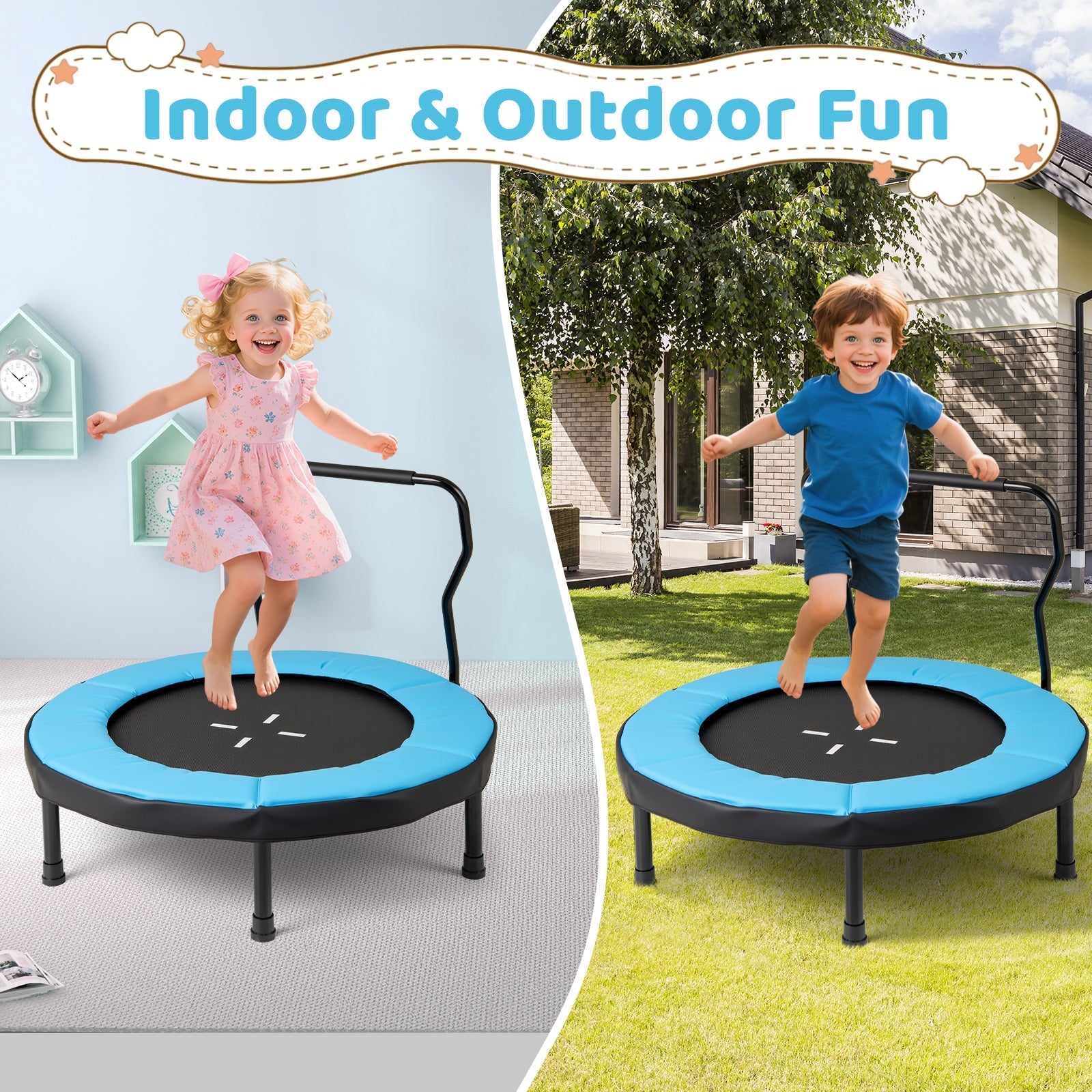 40” Trampoline for Kids, Indoor/Outdoor Fitness Trampoline with Foam Handlebar