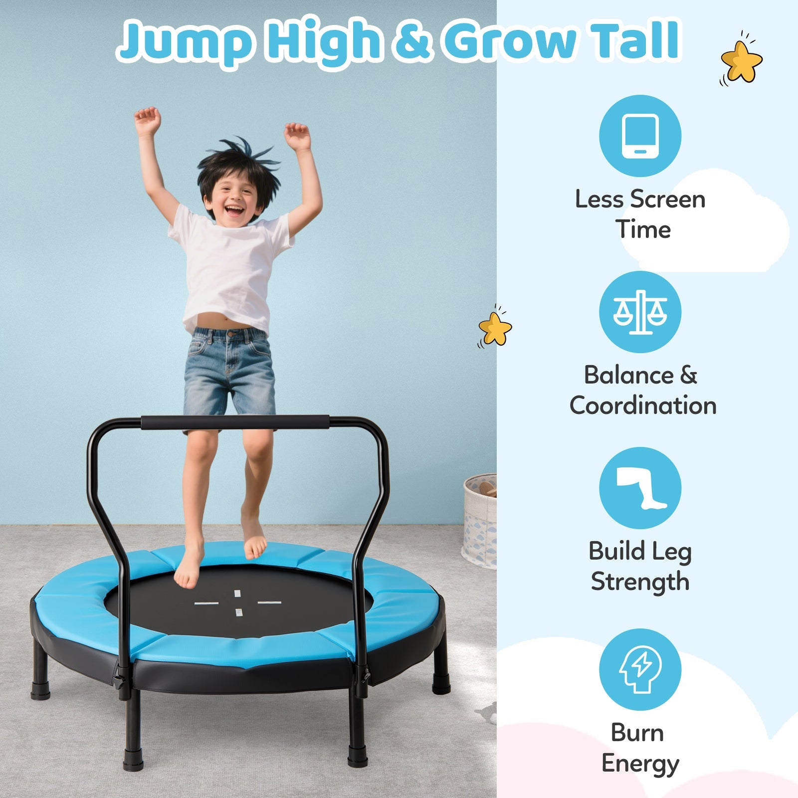 40” Trampoline for Kids, Indoor/Outdoor Fitness Trampoline with Foam Handlebar