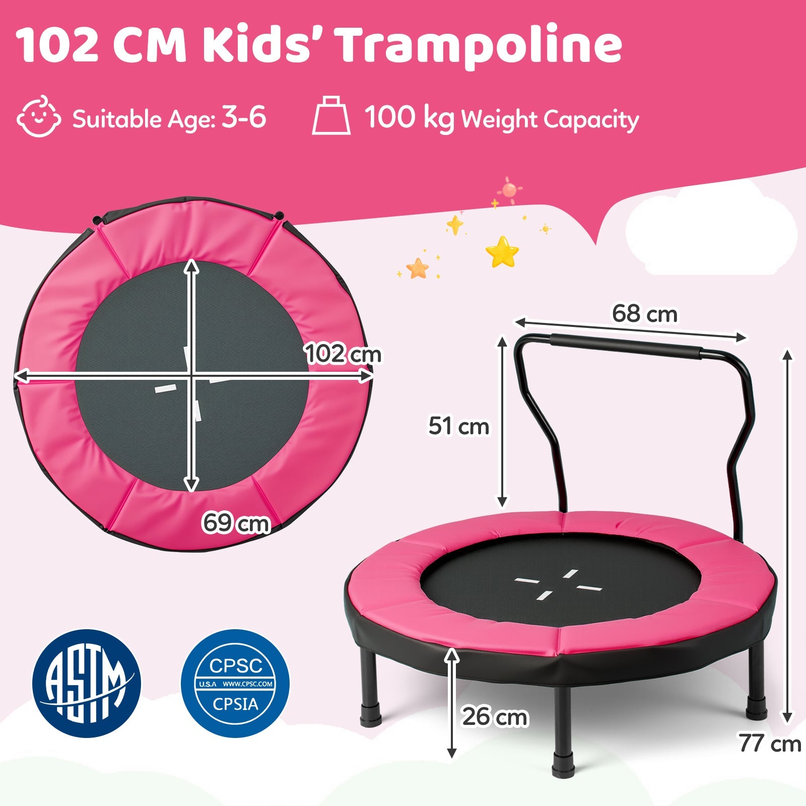 40” Trampoline for Kids, Indoor/Outdoor Fitness Trampoline for 3-6 Years Old Toddlers