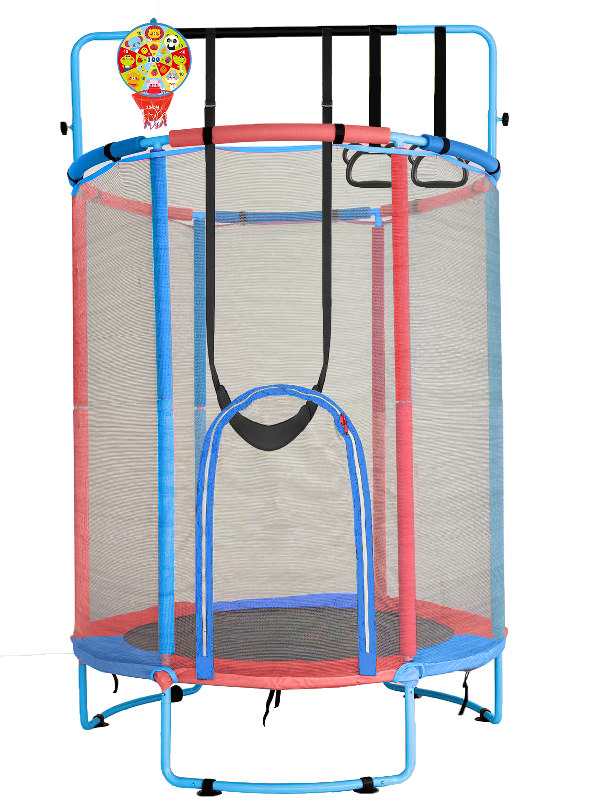 60" /55" Trampoline for Kids with Enclosure, 6-in-1 Indoor Outdoor Toddler Trampoline with Adjustable Gymnastics Bar, Swing, Basketball Hoop and Toys, Birthday Gifts for Boys Girls Age 3+