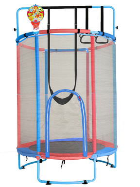 60" /55" Trampoline for Kids with Enclosure, 6-in-1 Indoor Outdoor Toddler Trampoline with Adjustable Gymnastics Bar, Swing, Basketball Hoop and Toys, Birthday Gifts for Boys Girls Age 3+