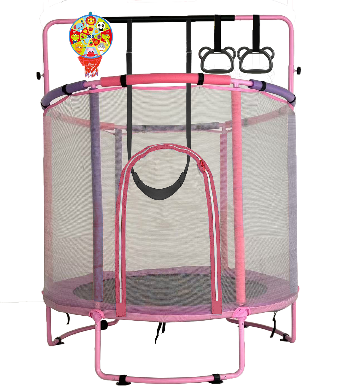 60" /55" Trampoline for Kids with Enclosure, 6-in-1 Indoor Outdoor Toddler Trampoline with Adjustable Gymnastics Bar, Swing, Basketball Hoop and Toys, Birthday Gifts for Boys Girls Age 3+