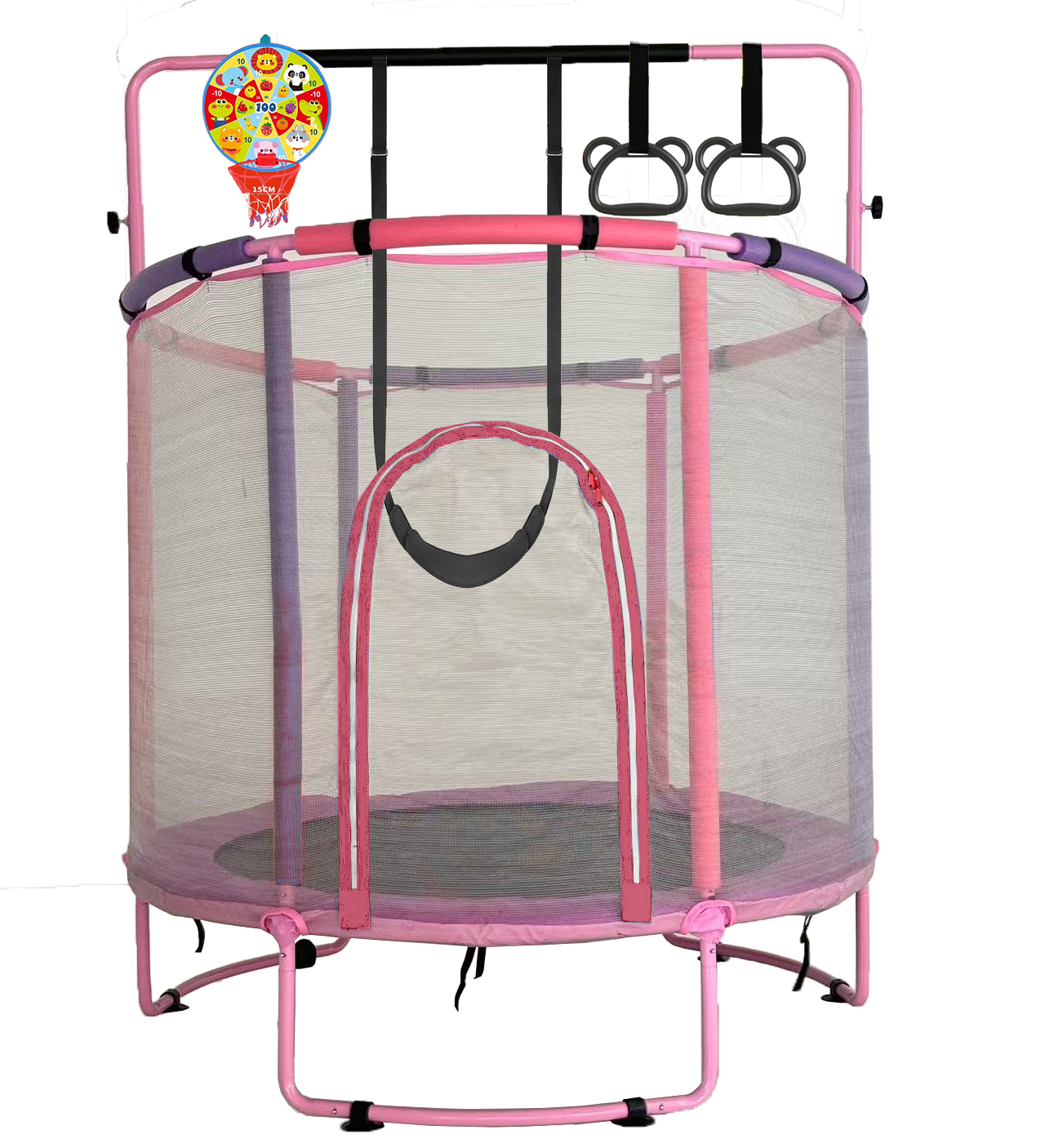 60" /55" Trampoline for Kids with Enclosure, 6-in-1 Indoor Outdoor Toddler Trampoline with Adjustable Gymnastics Bar, Swing, Basketball Hoop and Toys, Birthday Gifts for Boys Girls Age 3+