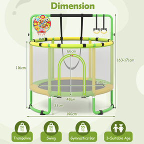 60" /55" Trampoline for Kids with Enclosure, 6-in-1 Indoor Outdoor Toddler Trampoline with Adjustable Gymnastics Bar, Swing, Basketball Hoop and Toys, Birthday Gifts for Boys Girls Age 3+