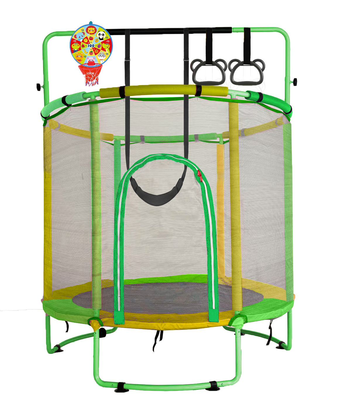 60" /55" Trampoline for Kids with Enclosure, 6-in-1 Indoor Outdoor Toddler Trampoline with Adjustable Gymnastics Bar, Swing, Basketball Hoop and Toys, Birthday Gifts for Boys Girls Age 3+