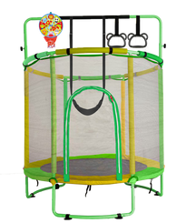 60" /55" Trampoline for Kids with Enclosure, 6-in-1 Indoor Outdoor Toddler Trampoline with Adjustable Gymnastics Bar, Swing, Basketball Hoop and Toys, Birthday Gifts for Boys Girls Age 3+