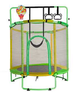 60" /55" Trampoline for Kids with Enclosure, 6-in-1 Indoor Outdoor Toddler Trampoline with Adjustable Gymnastics Bar, Swing, Basketball Hoop and Toys, Birthday Gifts for Boys Girls Age 3+