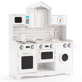 Hikidspace Kids Kitchen Playset, Wooden Pretend Play Kitchen Set with Sink, Clock, Curtains, Washing Machine, Cookware Utensils, Imaginative Cooking Toy for Boys Girls Aged 3+ Years Old, White