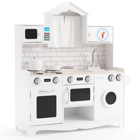 Hikidspace Kids Kitchen Playset, Wooden Pretend Play Kitchen Set with Sink, Clock, Curtains, Washing Machine, Cookware Utensils, Imaginative Cooking Toy for Boys Girls Aged 3+ Years Old, White