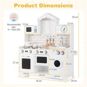 Hikidspace Kids Kitchen Playset, Wooden Pretend Play Kitchen Set with Sink, Clock, Curtains, Washing Machine, Cookware Utensils, Imaginative Cooking Toy for Boys Girls Aged 3+ Years Old, White