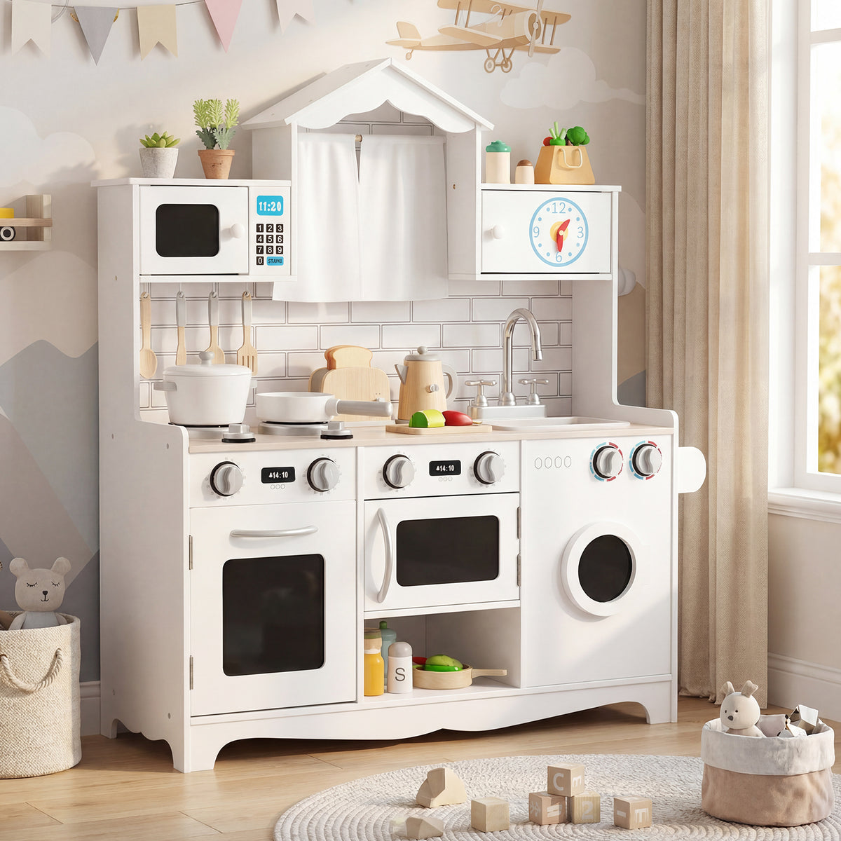 Hikidspace Kids Kitchen Playset, Wooden Pretend Play Kitchen Set with Sink, Clock, Curtains, Washing Machine, Cookware Utensils, Imaginative Cooking Toy for Boys Girls Aged 3+ Years Old, White
