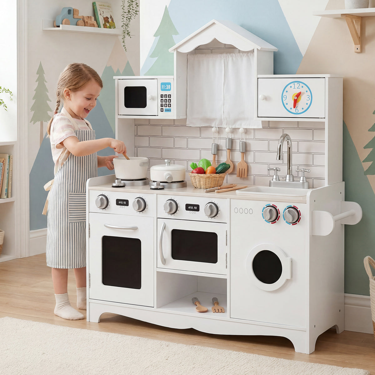 Hikidspace Kids Kitchen Playset, Wooden Pretend Play Kitchen Set with Sink, Clock, Curtains, Washing Machine, Cookware Utensils, Imaginative Cooking Toy for Boys Girls Aged 3+ Years Old, White