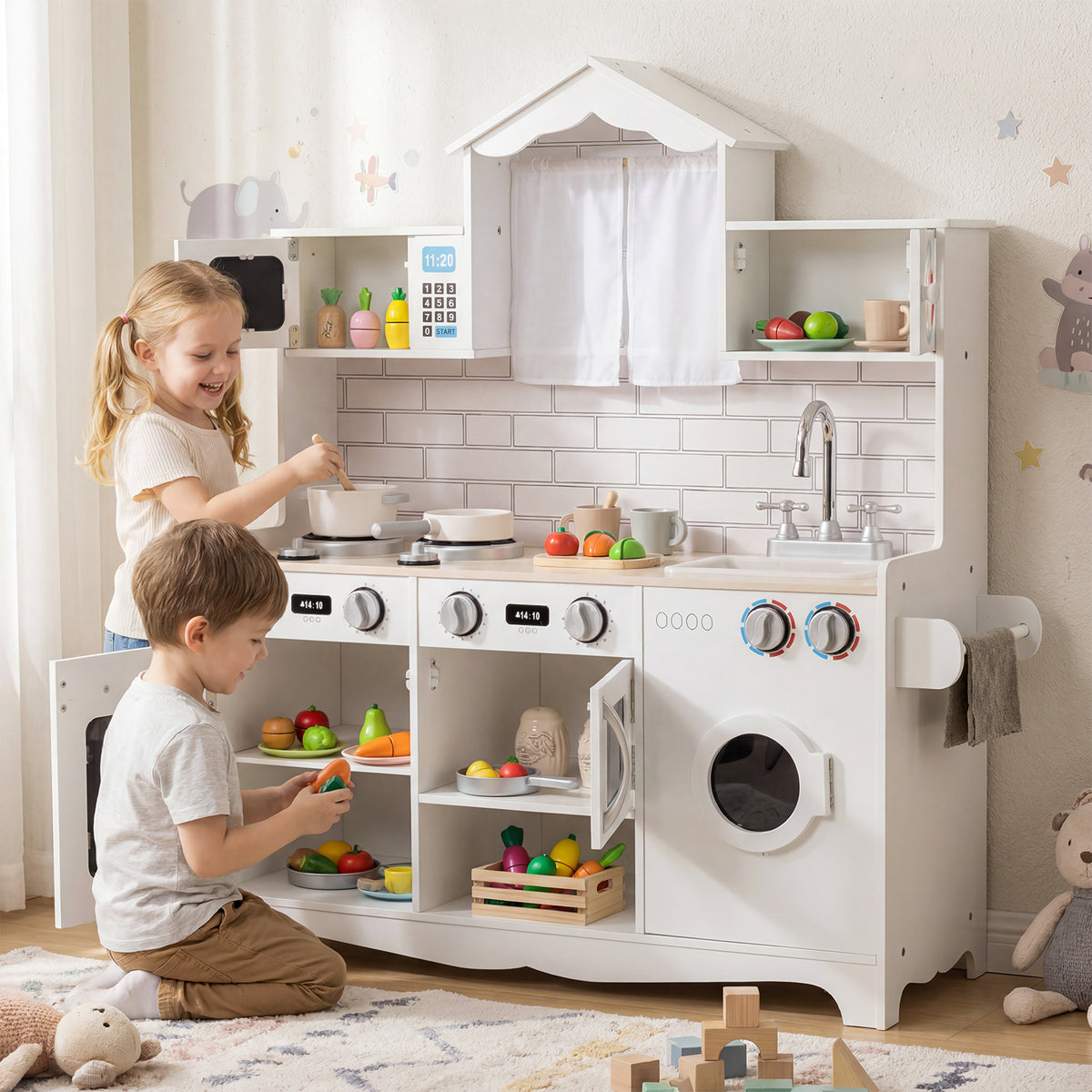 Hikidspace Kids Kitchen Playset, Wooden Pretend Play Kitchen Set with Sink, Clock, Curtains, Washing Machine, Cookware Utensils, Imaginative Cooking Toy for Boys Girls Aged 3+ Years Old, White