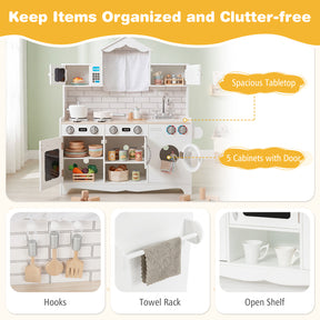 Hikidspace Kids Kitchen Playset, Wooden Pretend Play Kitchen Set with Sink, Clock, Curtains, Washing Machine, Cookware Utensils, Imaginative Cooking Toy for Boys Girls Aged 3+ Years Old, White