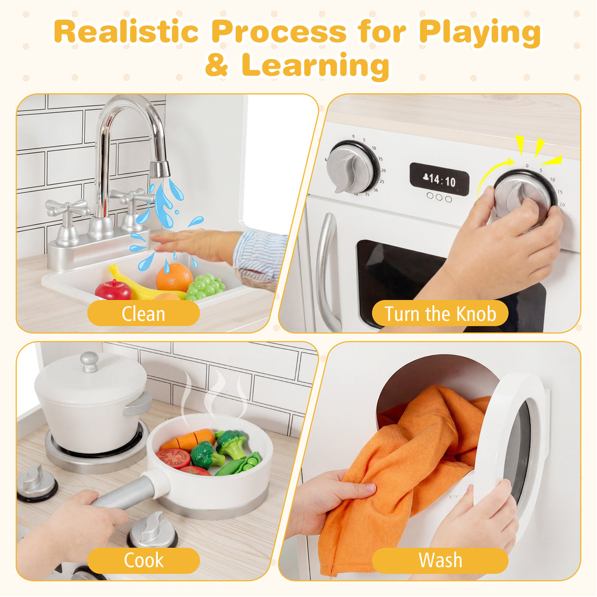 Hikidspace Kids Kitchen Playset, Wooden Pretend Play Kitchen Set with Sink, Clock, Curtains, Washing Machine, Cookware Utensils, Imaginative Cooking Toy for Boys Girls Aged 3+ Years Old, White