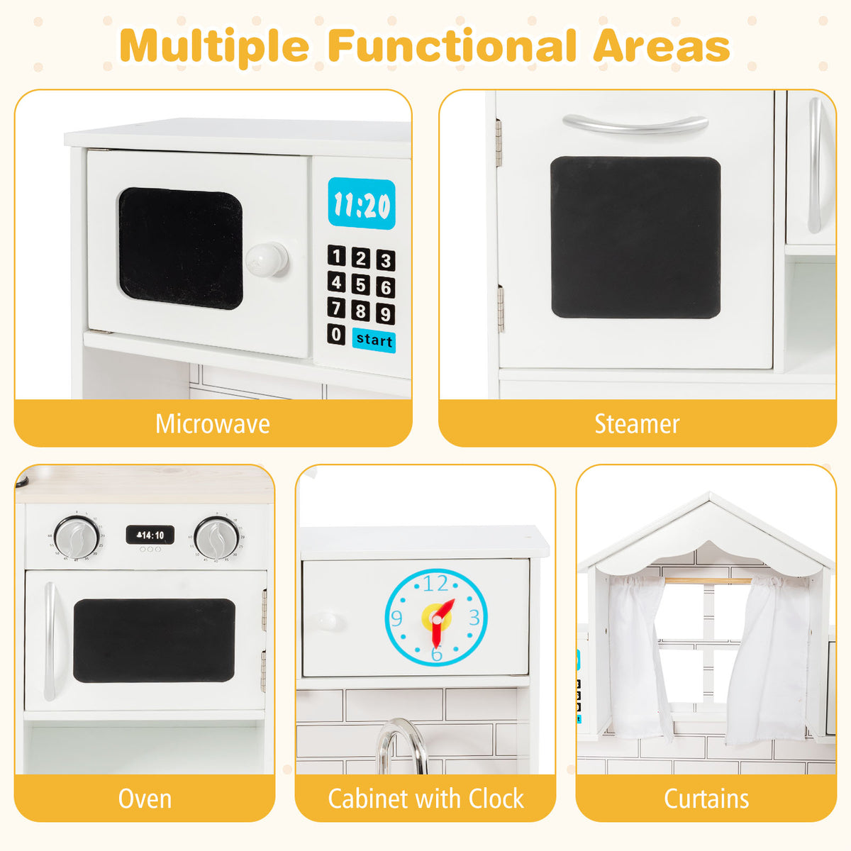 Hikidspace Kids Kitchen Playset, Wooden Pretend Play Kitchen Set with Sink, Clock, Curtains, Washing Machine, Cookware Utensils, Imaginative Cooking Toy for Boys Girls Aged 3+ Years Old, White