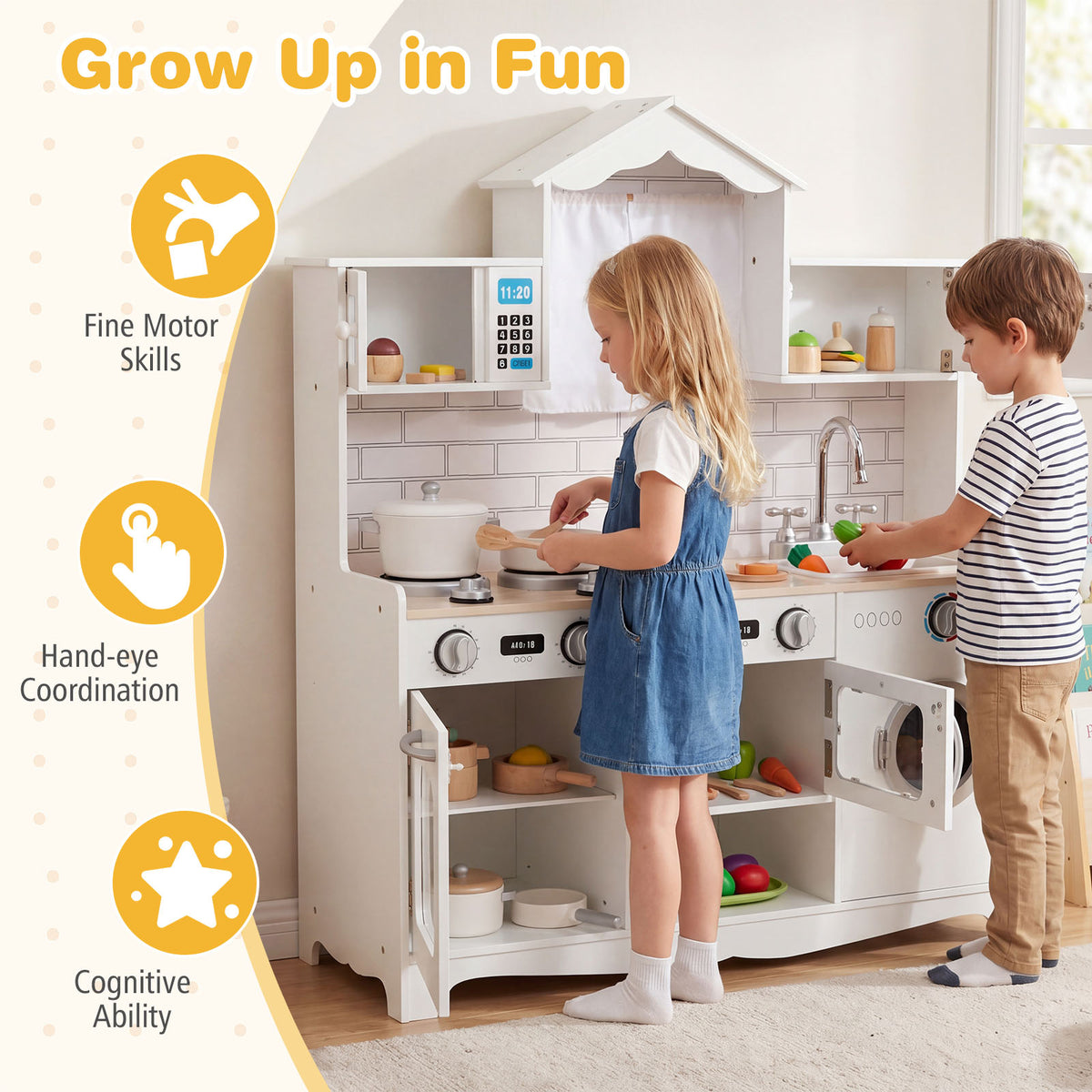 Hikidspace Kids Kitchen Playset, Wooden Pretend Play Kitchen Set with Sink, Clock, Curtains, Washing Machine, Cookware Utensils, Imaginative Cooking Toy for Boys Girls Aged 3+ Years Old, White