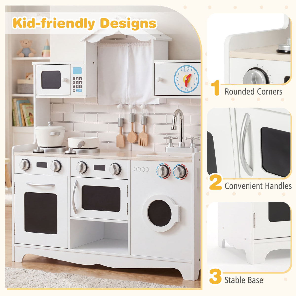 Hikidspace Kids Kitchen Playset, Wooden Pretend Play Kitchen Set with Sink, Clock, Curtains, Washing Machine, Cookware Utensils, Imaginative Cooking Toy for Boys Girls Aged 3+ Years Old, White