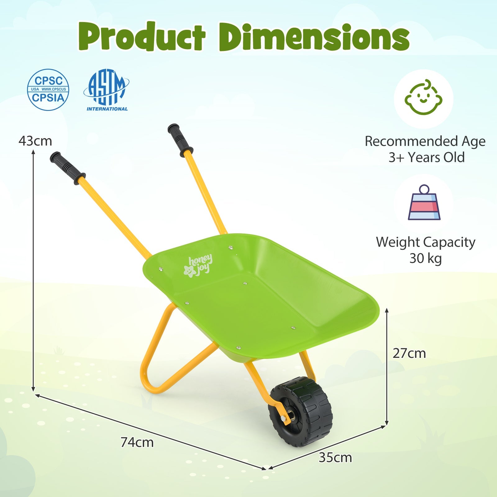 BABY JOY Kids Wheelbarrow, Children Steel Garden Wheelbarrow w/Non-Slip Handle, Wearable Wheels