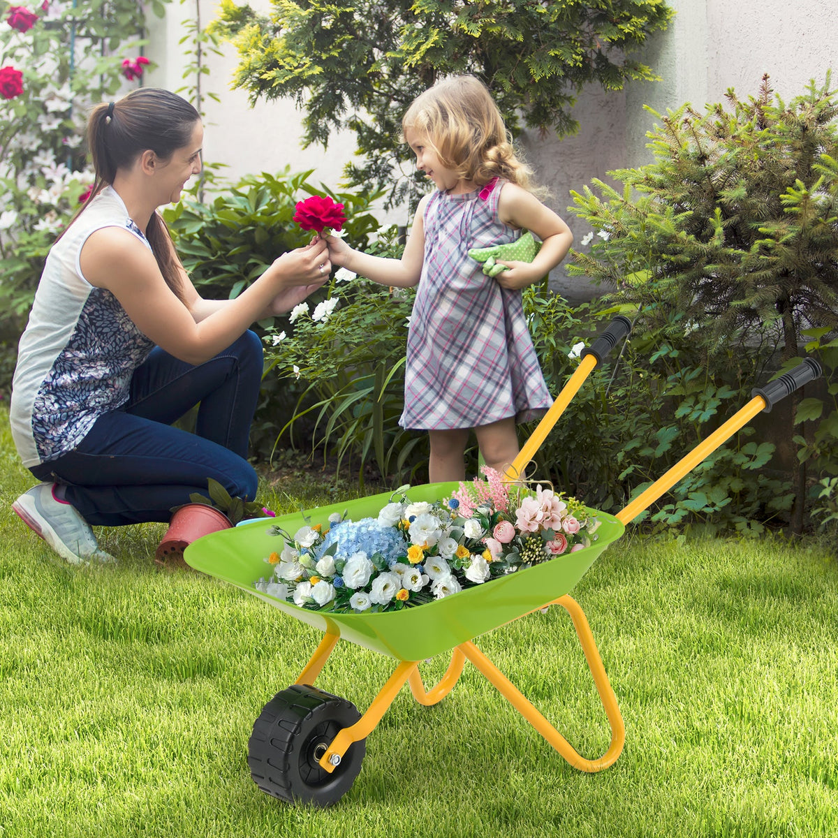 BABY JOY Kids Wheelbarrow, Children Steel Garden Wheelbarrow w/Non-Slip Handle, Wearable Wheels