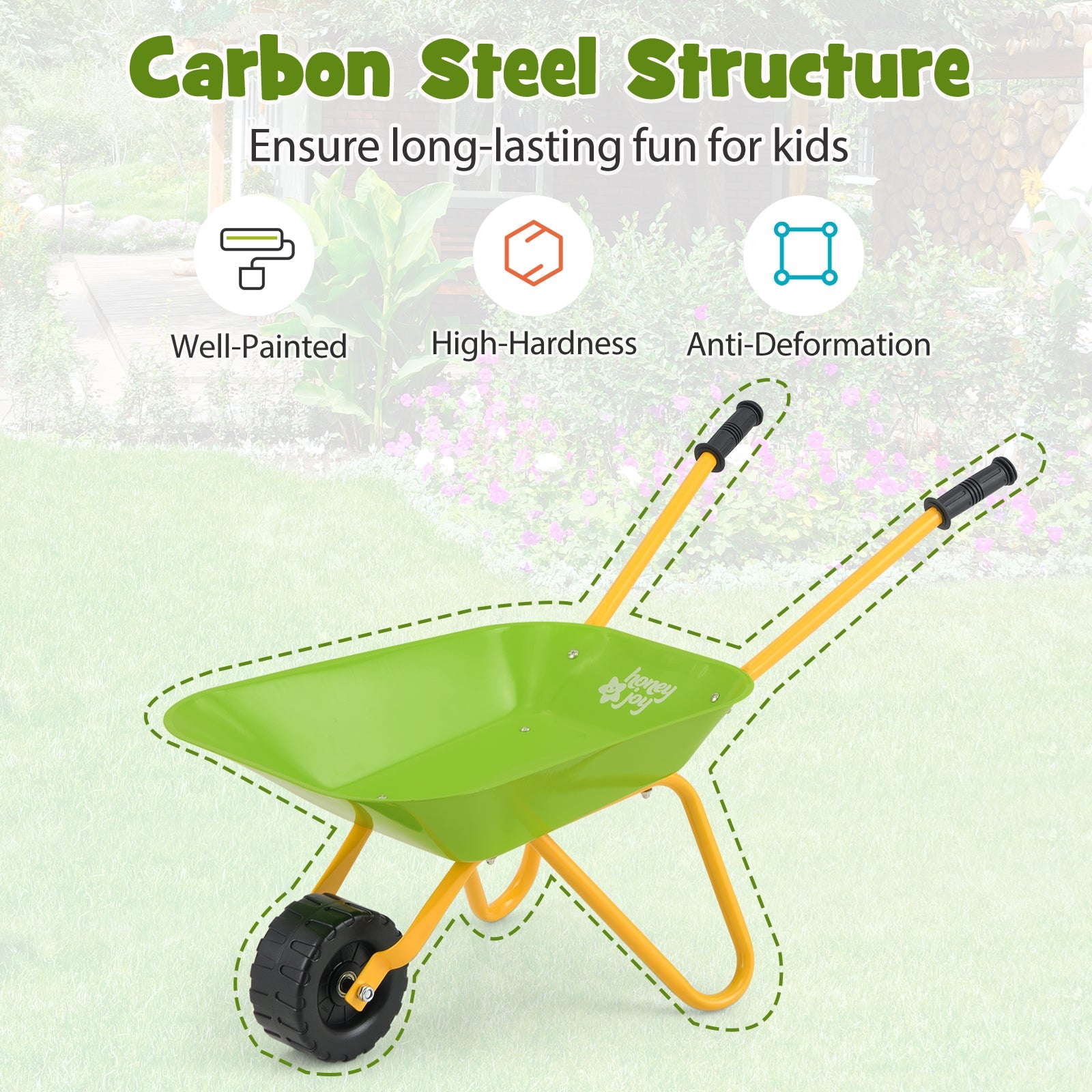BABY JOY Kids Wheelbarrow, Children Steel Garden Wheelbarrow w/Non-Slip Handle, Wearable Wheels
