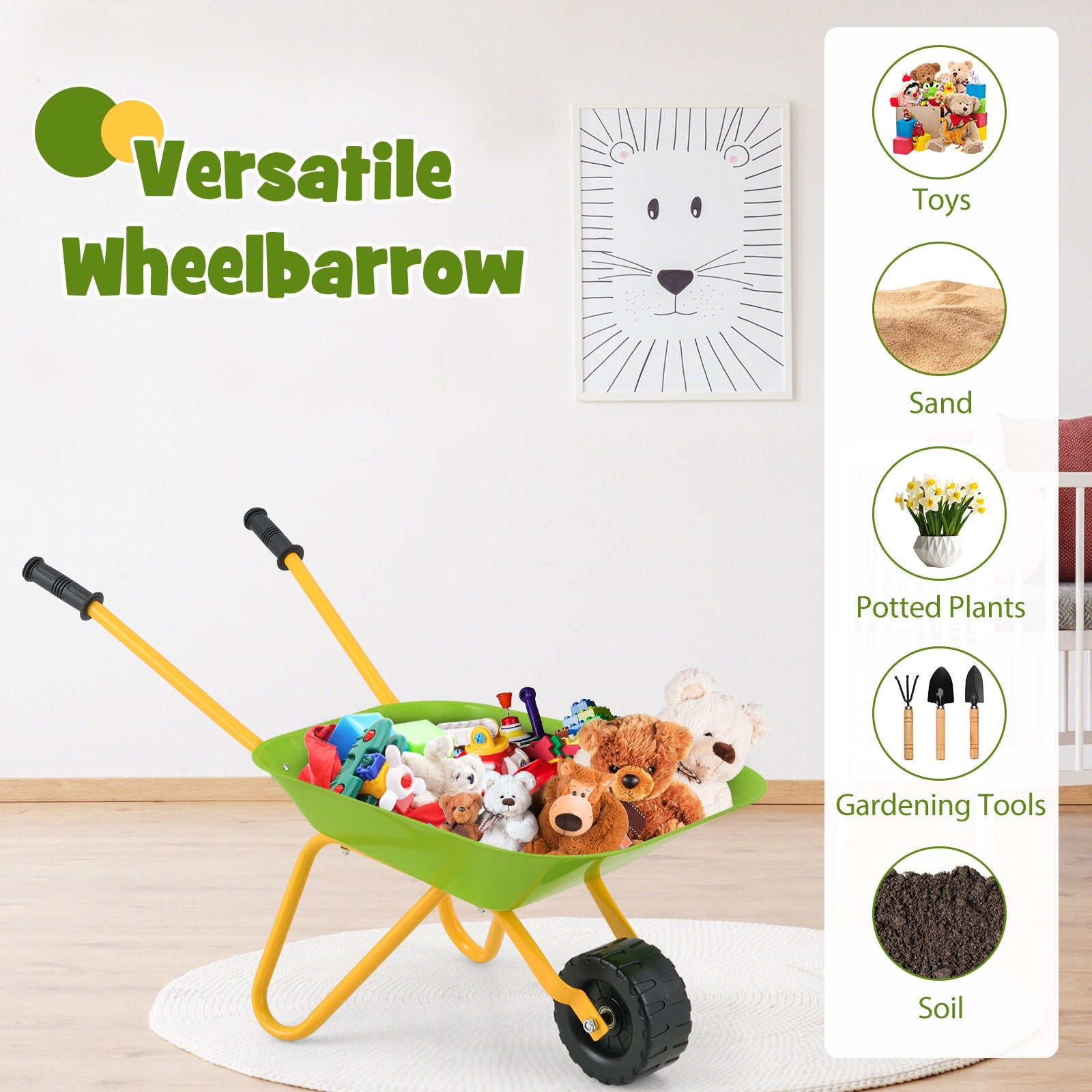 BABY JOY Kids Wheelbarrow, Children Steel Garden Wheelbarrow w/Non-Slip Handle, Wearable Wheels