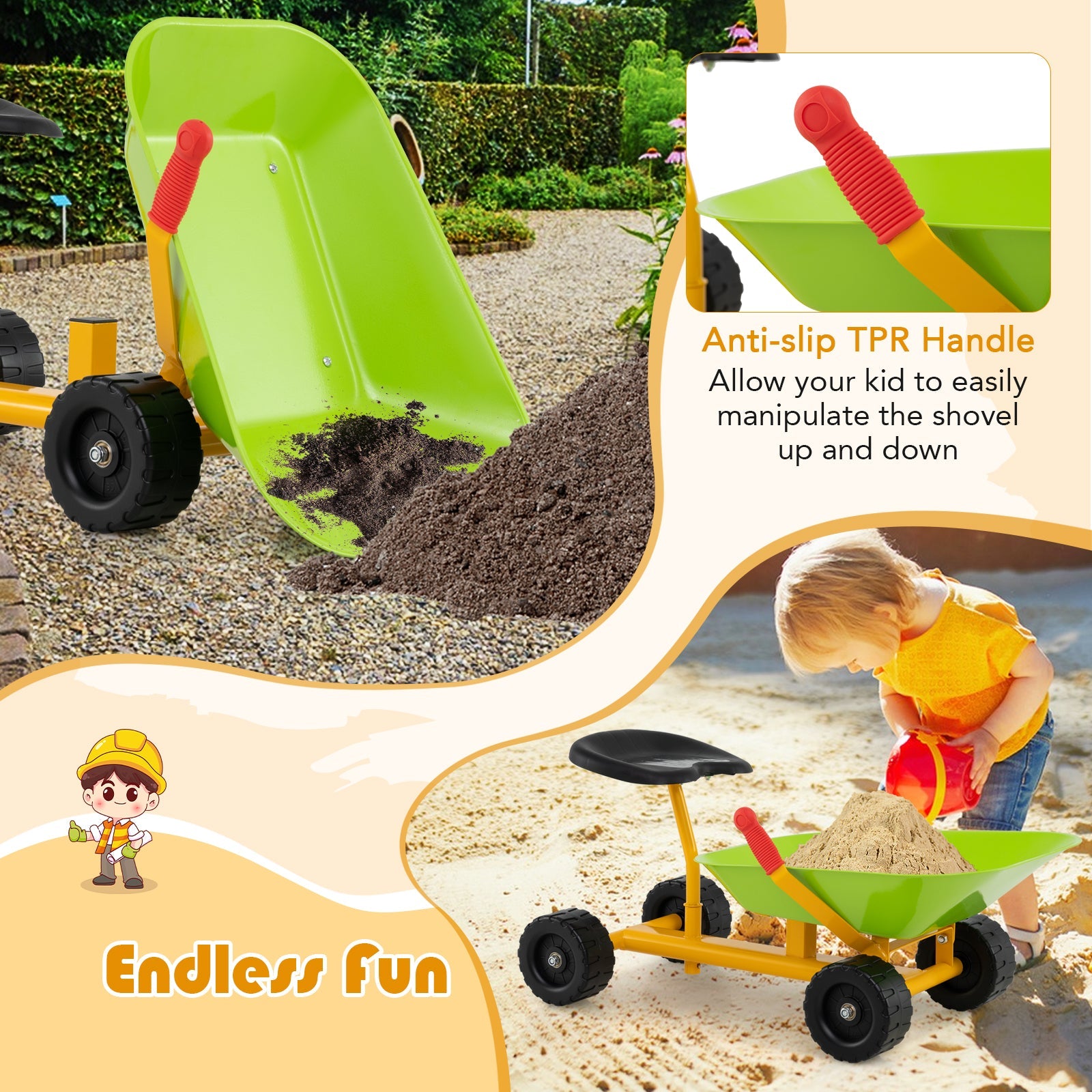Kids Ride-On Sand Dumper, Outdoor Sandbox Toy with Controllable Shovel and 4 Wheels