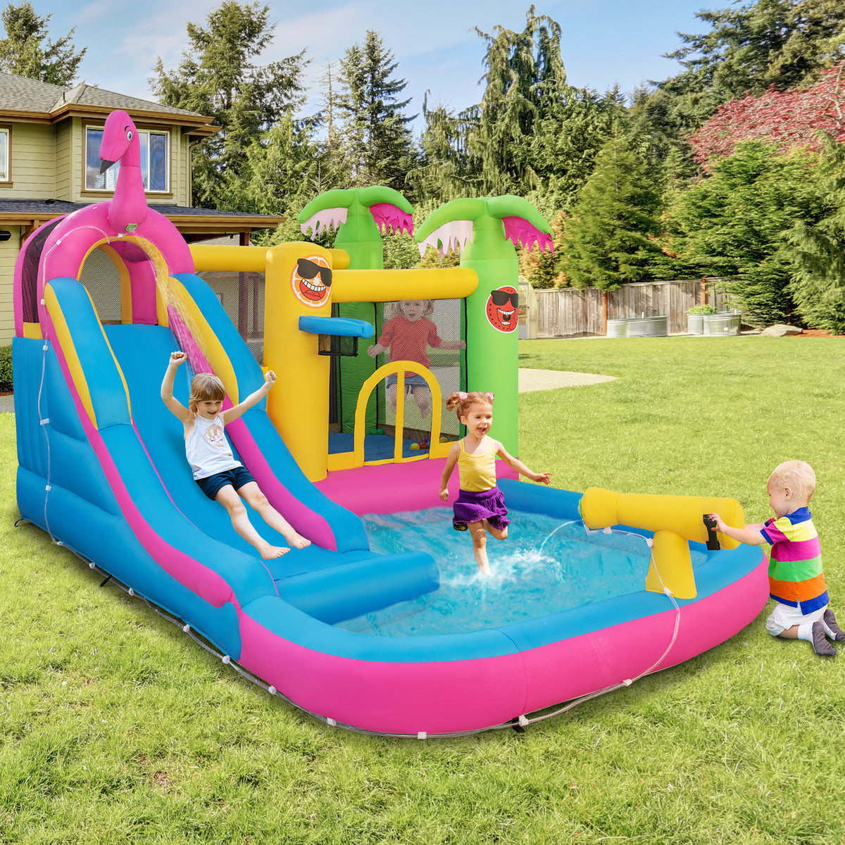 Hikidspace Inflatable Bounce Castle Long Water Slide with 735W Blower