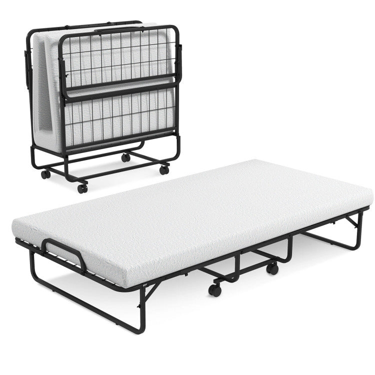 Twin Size Metal Folding Bed with Memory Foam Mattress and  4 Wheels