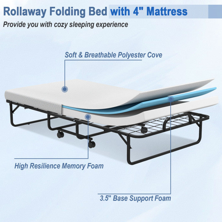 Twin Size Metal Folding Bed with Memory Foam Mattress and  4 Wheels