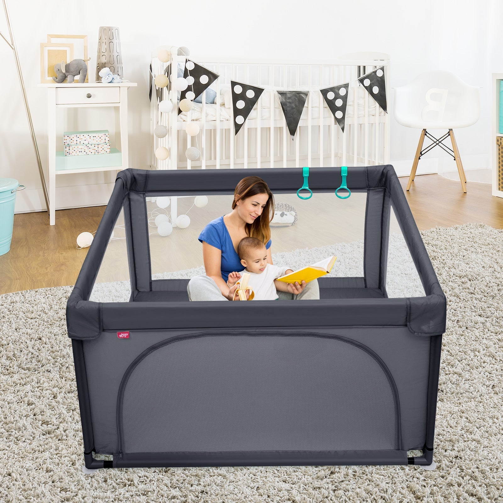 BABY JOY Baby Playpen Large Play Activity Center for Babies w/50 Balls, 2 Pull Rings