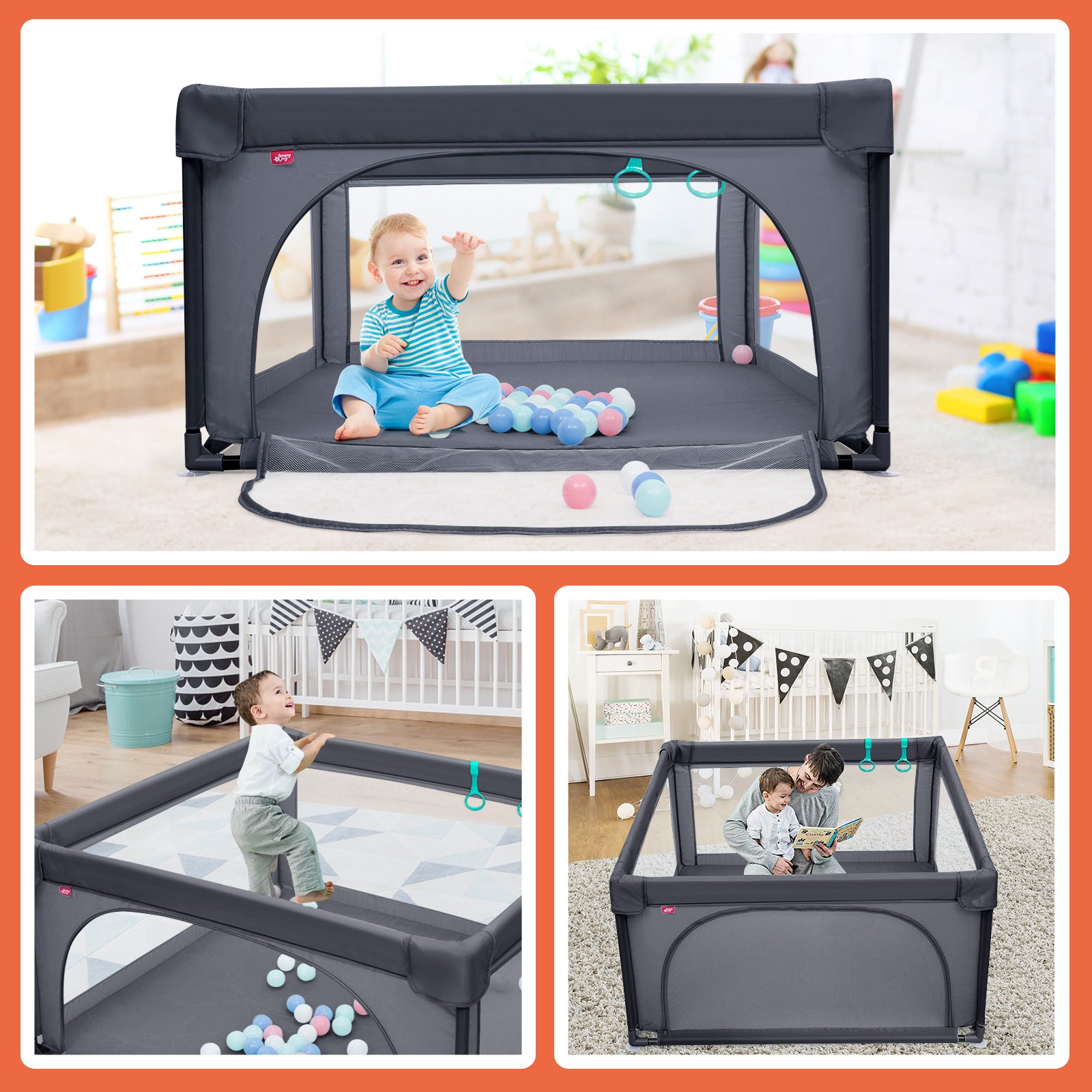 BABY JOY Baby Playpen Large Play Activity Center for Babies w/50 Balls, 2 Pull Rings