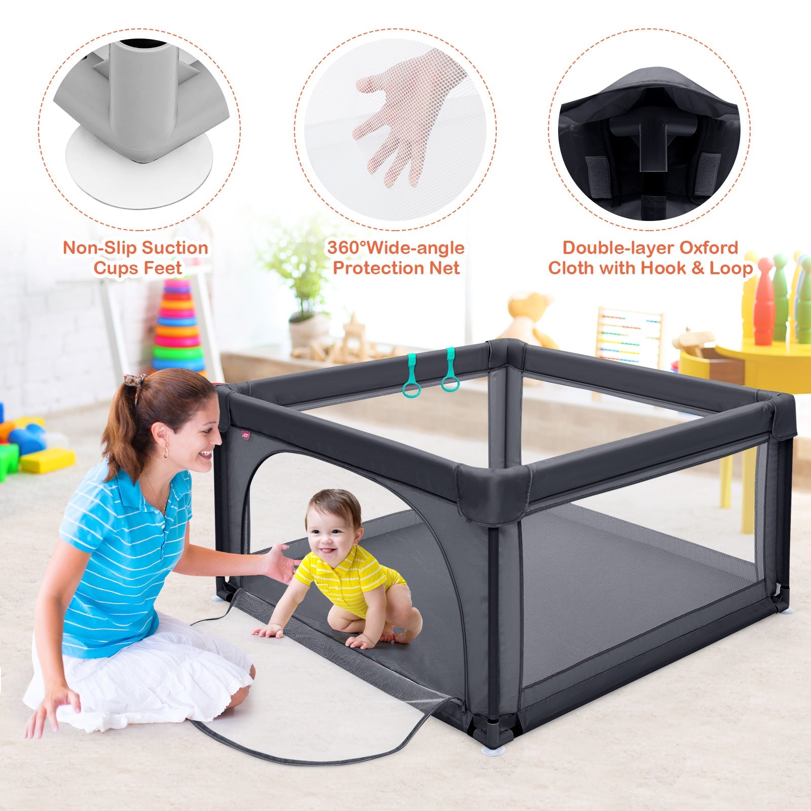 BABY JOY Baby Playpen Large Play Activity Center for Babies w/50 Balls, 2 Pull Rings