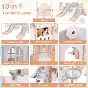 10 in 1 Toddler Swing and Slide Set, Kids Double Slides and Climber Playset