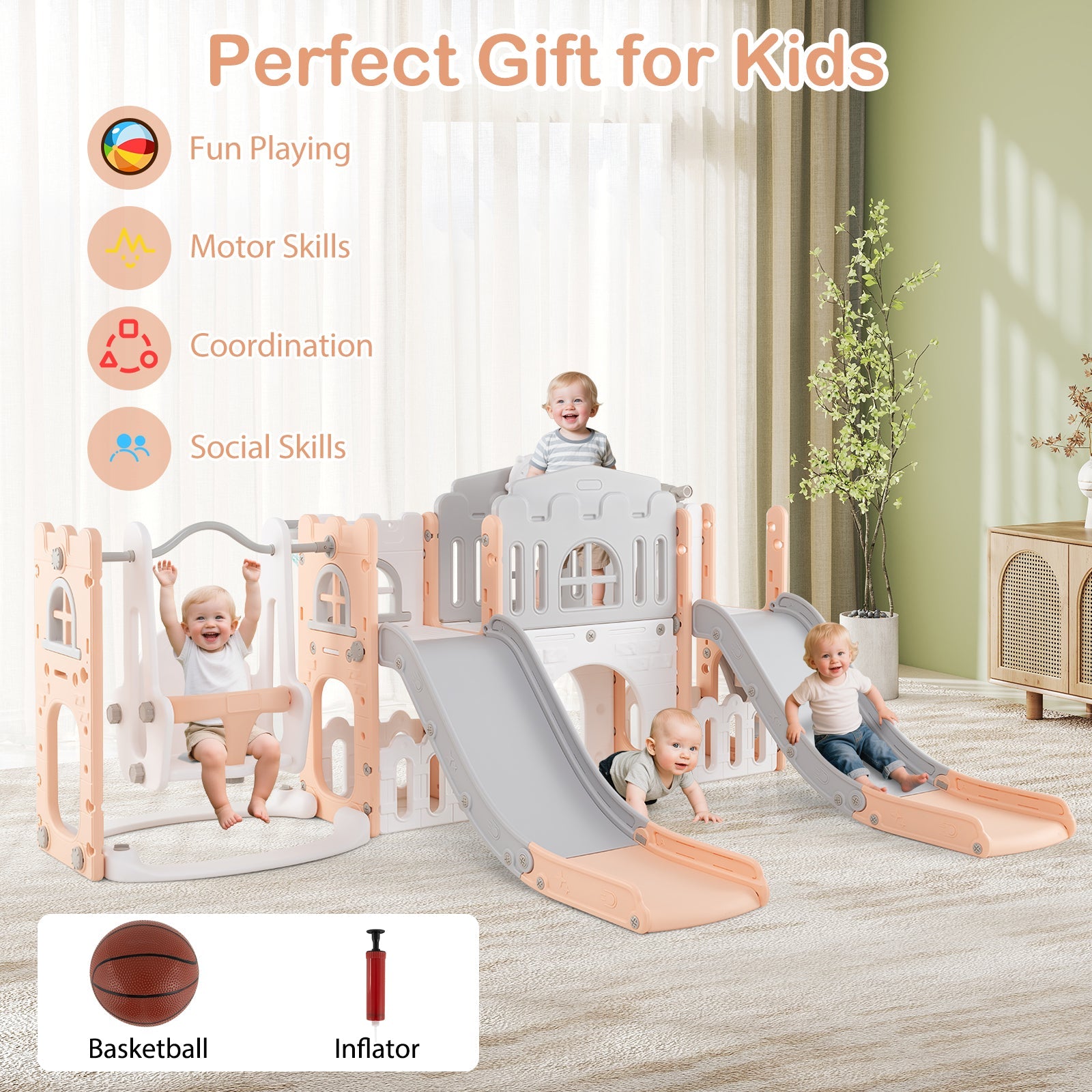 10 in 1 Toddler Swing and Slide Set, Kids Double Slides and Climber Playset