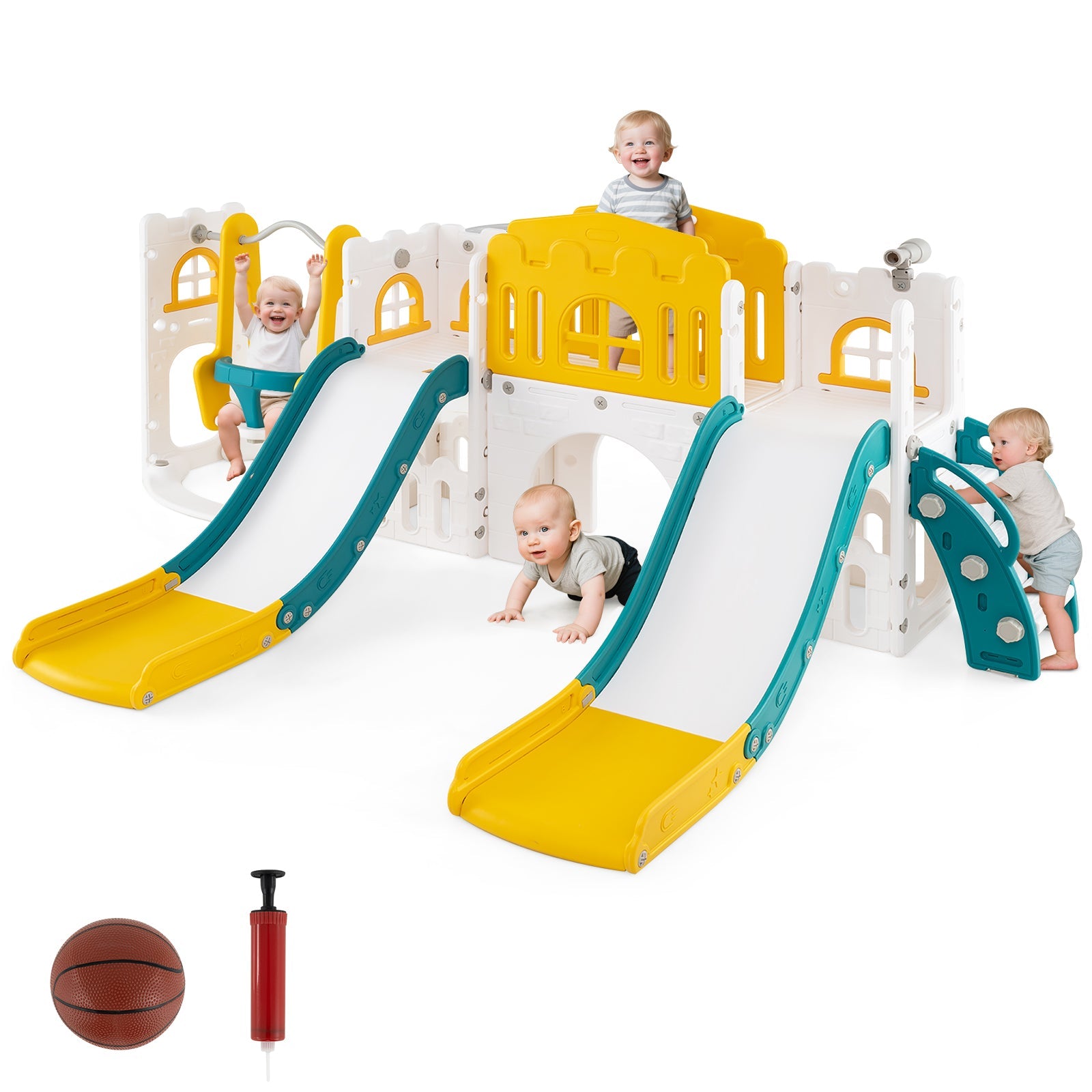 10 in 1 Toddler Swing and Slide Set, Kids Double Slides and Climber Playset