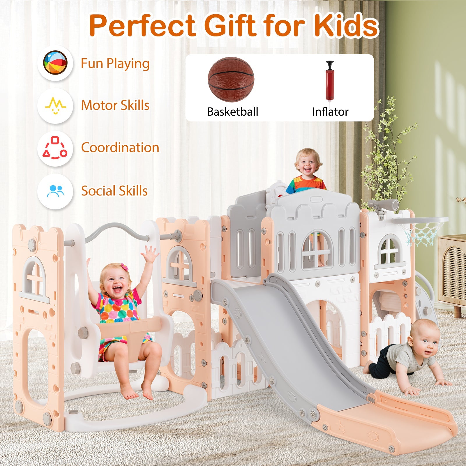 10 in 1 Toddler Swing and Slide Set, Baby Indoor Playground for Ages 1+ Years Old