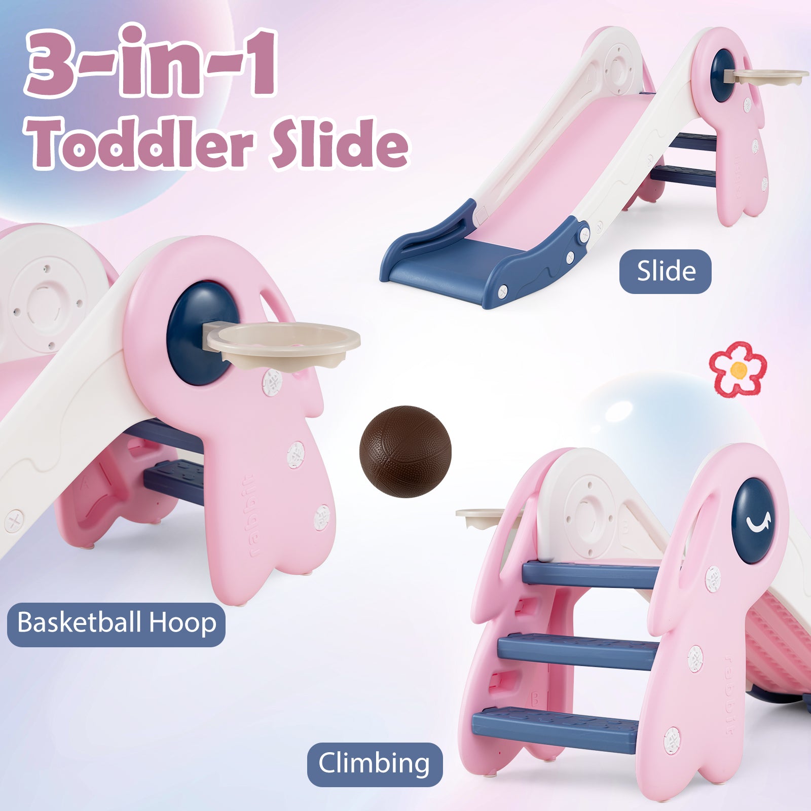 3 in 1 Toddler Slide Set, Baby Slide Climber Playset with Basketball Hoop and Basketball