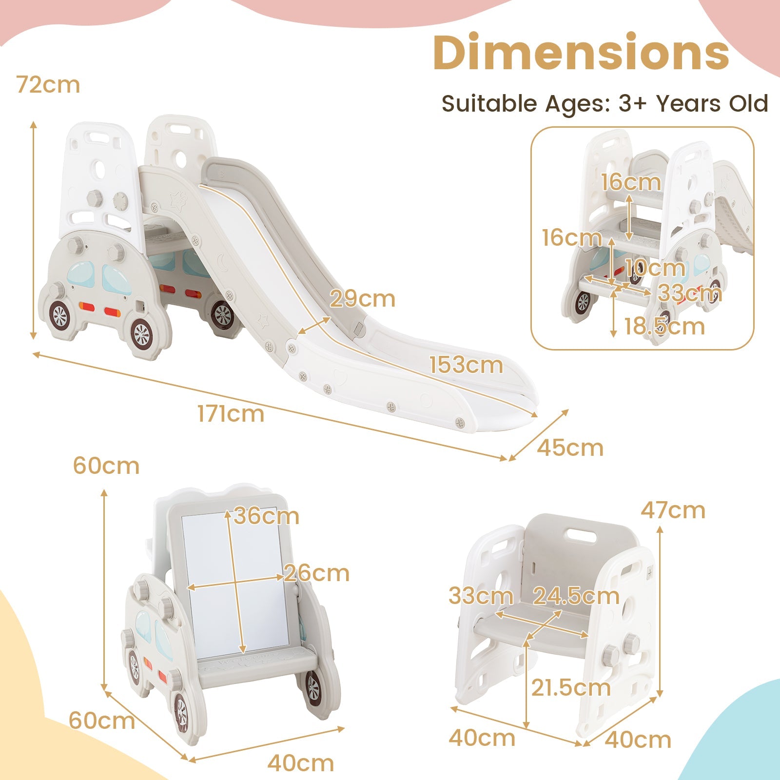 5 in 1 Convertible Toddler Slide Set, Kids Art Easel with Stool