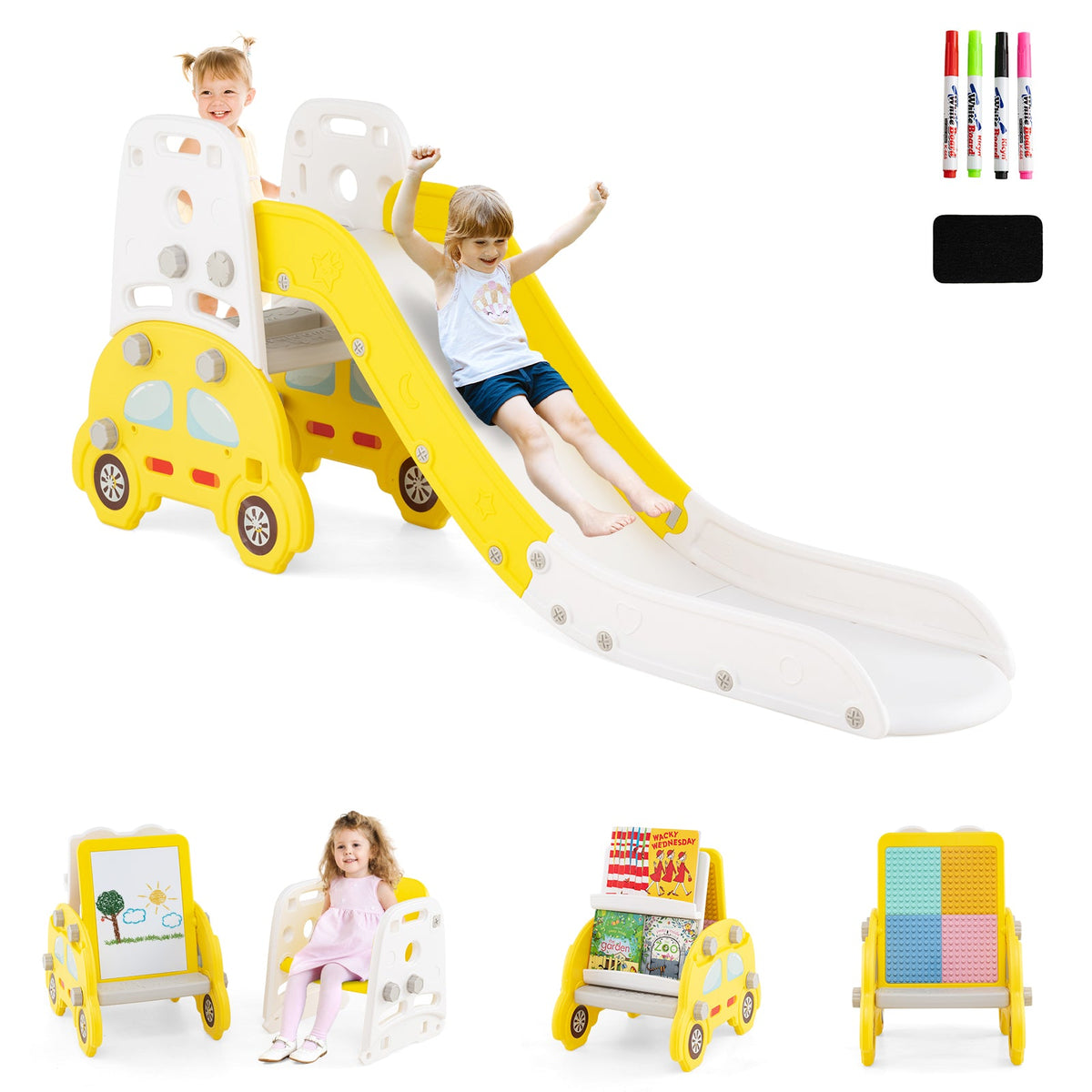 5 in 1 Convertible Kids Slide Set, Double-Sided Magnetic Dry Erase & Building Block Board